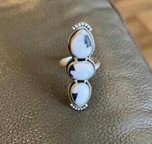 Turquoise White Buffalo Three Stone Southwestern Sterling Silver Ring sz 6-9